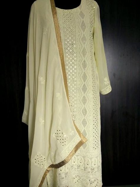 Designer Pure Georgette Chikankari Suit with Golden Mukaish and Crepe Churidar Kamdani Work, Chicken Suits, Lucknowi Suits, Yellow Kurti, Chikankari Saree, Chikankari Embroidery, Chikankari Suits, Yellow Suit, Lucknowi Chikankari