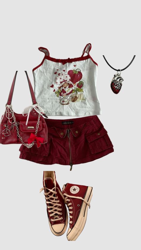 Red outfit inspo #outfit Red Alternative Outfits, Cherry Inspired Outfit, Red Skirt Outfits, Grunge Fits, Outfit Layout, Inspo Outfit, Red Skirts, Red Outfit, Alternative Outfits