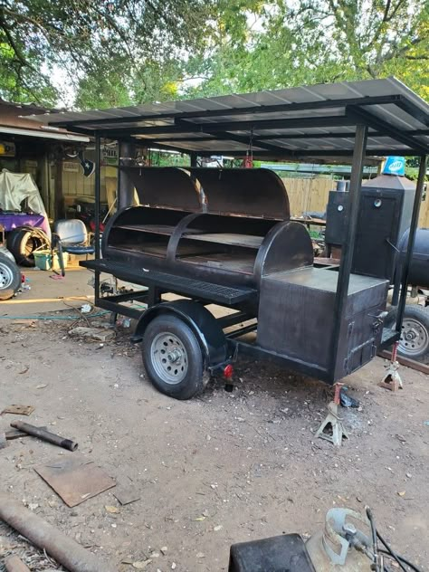 Add a roof to your pit. No more counter weight Bbq Pits Ideas Backyards, Bbq Smokers For Sale, Custom Bbq Grills, Bbq Trailer, Barbeque Design, Custom Bbq Smokers, Barbeque Grill Design, Smoker Designs, Bbq Smoker Trailer