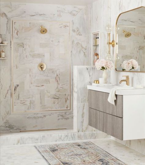 White marble bathroom with shower and sink. Marble Tile Bathroom, Marble Collection, Honed Marble, Mosaic Wall Tiles, The Tile Shop, Wall Trim, Marble Look Tile, Bathroom Wall Tile, Marble Wall