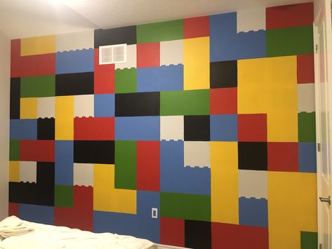 LEGO wall for kids room Lego Wall Panel, Painted Lego Wall, Lego Wall Painting Ideas, Lego Painted Wall, Boys Lego Bedroom, Lego Wall Decor, Lego Mural, Brothers Bedroom, Wallpaper For Bedroom Walls