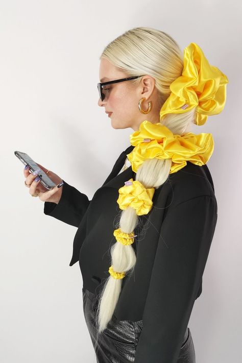 Yellow Scrunchie, Vellus Hair, Fondant Rose, Long Shiny Hair, High Bun, Vegan Alternatives, Low Ponytail, Fabulous Nails, Matching Headband