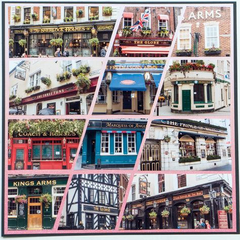 London Pubs London Scrapbook Layout London Scrapbook, Scrapbook Multiple Photos, Scrapbooking Layouts Travel, Travel Scrapbook Pages, London Pubs, Prince Edward Island, Disney Scrapbook, South Island, Album Design