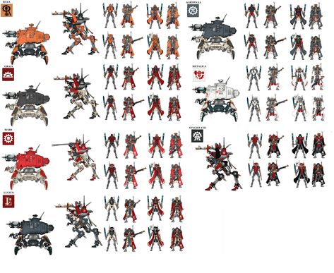 Compilation image of Adeptus Mechanicus Skitarii forge world color schemes from a reddit post. Includes forge worlds Ryza, Metalica, Lucius, Mars, Graia, Stygies VIII and Agripinaa. https://www.reddit.com/r/40kLore/comments/4an2av/what_are_the_colour_schemes_of_the_ad_mech/ Adeptus Mechanicus Ryza, Warhammer Colour Schemes, Adeptus Mechanicus Paint Schemes, Adeptus Mechanicus Metalica, Admech Paint Scheme, Adeptus Mechanicus Color Schemes, Adeptus Mechanicus Miniatures, Adeptus Mechanicus Art, Stygies Viii