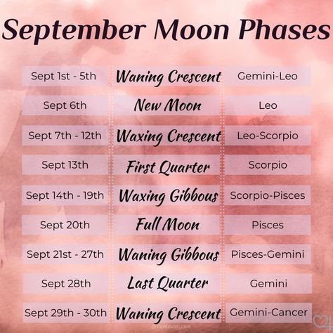 These are the lunations and the sidereal zodiac signs that correspond with each phase for the month of September. Full Moon Taurus, Leo And Scorpio, Month Of September, Month Of November, Gemini And Leo, November Month, Lunar Cycle, Leo And Virgo, Virgo And Libra