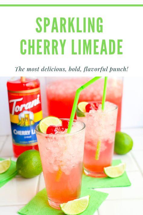 Football season is back again, and I’m all about the tailgates! No surprise there! This homemade Cherry Limeade is the best game day punch! Made with sprite, fresh lime juice, maraschino cherries, and my favorite Cherry Limeade Torani Syrup. Torani Cherry Syrup Recipes, Torani Soda Recipes, Torani Syrup Recipes Drinks Soda, Flavored Syrups For Drinks, Torani Syrup Recipes Drinks Water, Torani Drink Recipes, Torani Syrup Recipes Drinks, Torani Drinks, Sugar Free Syrup Recipe