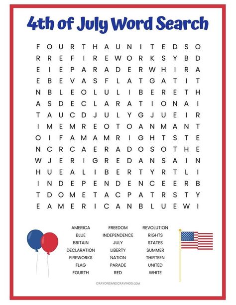 "This 4th of July word search printable has 21 words to find such as July, America, flag, parade, United, red, freedom, and Independence. The words are hidden in the word search puzzle horizontally, vertically, and diagonally. This 4th of July word find would be a great activity for kids to do in the classroom or for kids at home. It is a fun way to get the kids excited for the upcoming holiday. Click through to the full blog post for the free printable." July 4 Worksheets, 4 Of July Worksheets, 4th Of July Activity Sheets, June Word Search, 4th Of July Word Search Free Printable, July Worksheets, 4th Of July Word Search, July Word Search, Word Search Free Printable