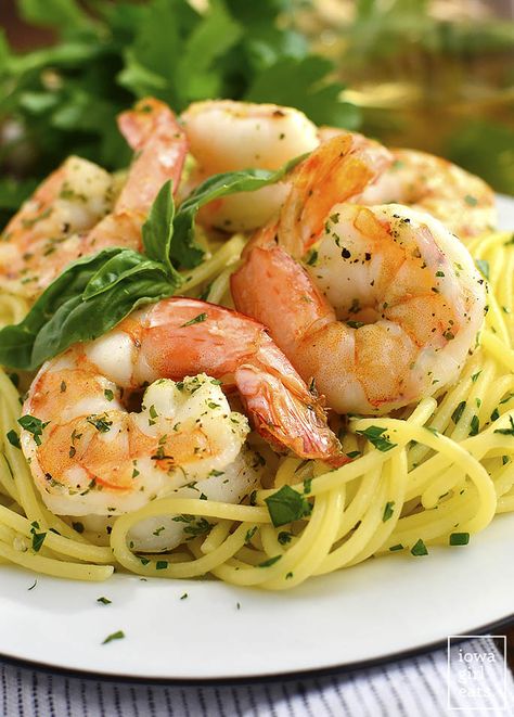 Garlic Herb Butter Pasta with Easy Roasted Shrimp is a simple gluten-free dinner recipe made with kitchen staples, that will on the table in less than 30 minutes! | iowagirleats.com #glutenfree Sour Cream Shrimp, Garlic Herb Pasta, Herb Pasta, Easy Cheap Dinner Recipes, Dinner Recipes Healthy Family, Vegan Steak, Kitchen Staples, Roasted Shrimp, Butter Pasta