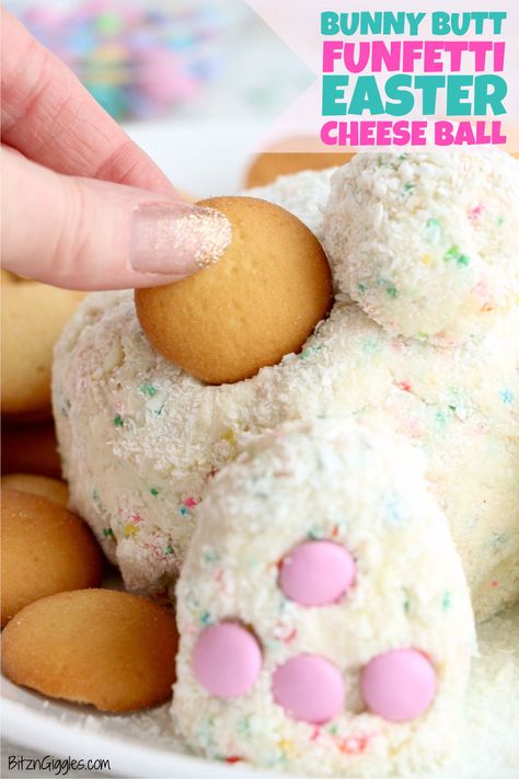 Bunny Butt Funfetti Easter Cheese Ball - What a sweet way to celebrate Easter! This Funfetti Easter Cheese Ball is made with cake mix, sprinkles and white chocolate then shaped into a cute bunny butt! Easter Cheeseball, Easter Cheese Ball Recipes, Easter Cake Balls, Easter Cheese Ball, Easter Dips, Easter Bunny Desserts, Easter Cheese, Dessert Cheese Ball, Bunny Desserts