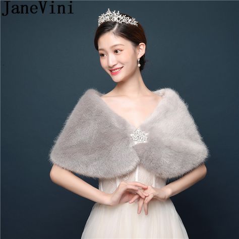 JaneVini Winter Gray Fur Evening Bolero for Women Beaded Pin Bridal Capes Stola Wedding Faux Fur Wrap Shawl Party Cloak Bolero Wedding Dress Fur Shawl, Fur Wedding Dress, Ball Wedding Dress, Faux Fur Bridal Wrap, Faux Fur Wedding, Dress Fur, Wedding Cloak, Cozy Wedding, Winter Bridesmaids