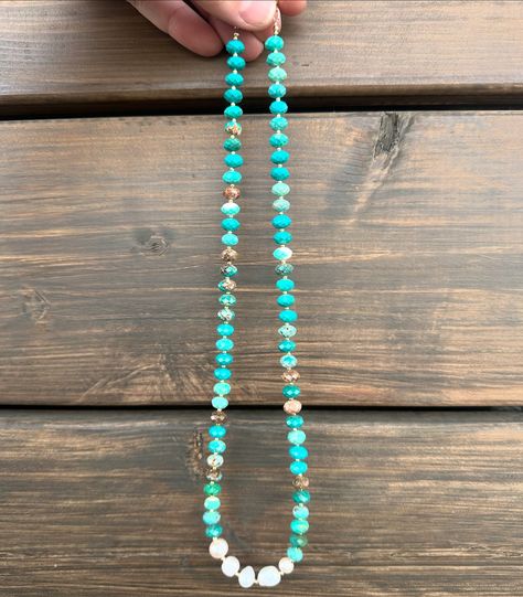 ✨ What turquoise and pearl dreams are made of ✨ Custom 20” turquoise faceted beaded necklace with pearls and gold filled beads 😍😍😍 Necklace With Pearls, Gold Filled, Beaded Necklace, Turquoise, Beads, Gold, Quick Saves