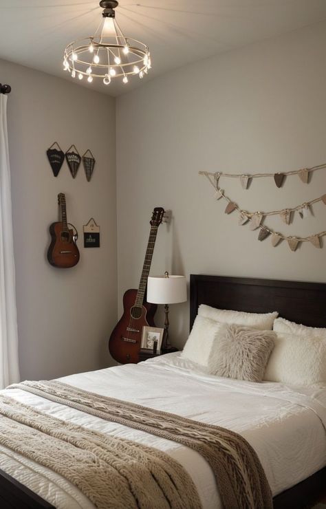 Guitars On Wall, Guitar Corner, Warm String Lights, Guitar Mount, Corner Display, Bedroom Corner, Guitar Wall, Bedroom Bliss, Faux Fur Rug