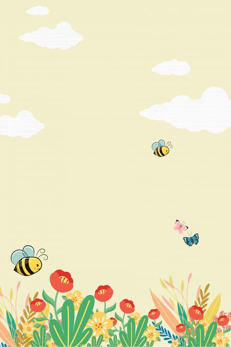 Cute Yellow Background, Bees Background, Bee Background, Spring Backgrounds, Spring Cartoon, Frühling Wallpaper, Spring Poster, Spring Flowers Background, Spring Frame