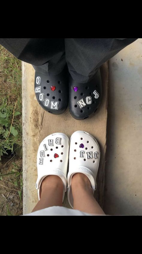 Couple Matching Crocs Shoes, Bride And Groom Crocs Shoes, Matching Crocs For Couples, Couple Crocs Shoes, Wedding Crocs Shoes, Couple Crocs, Wedding Crocs, White Crocs, Black And White Couples