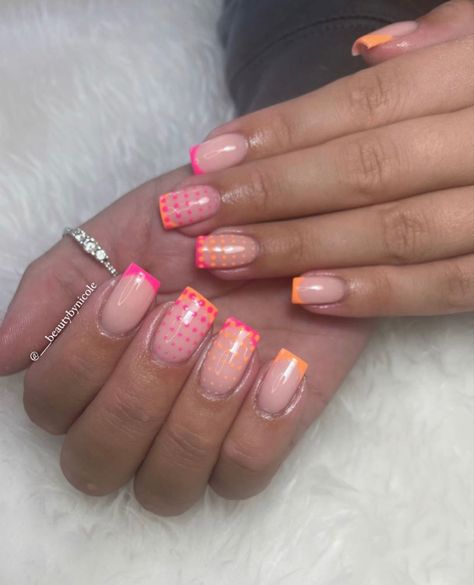 French Tip Acrylic Nails Holiday, Bright Square Nails, Bright French Nails, Holiday Nail Ideas Summer, Holiday Biab Nails, Bright Holiday Nails, Orange And Pink Nail Designs, Bright Pink Nail Designs, Pink And Orange Nails