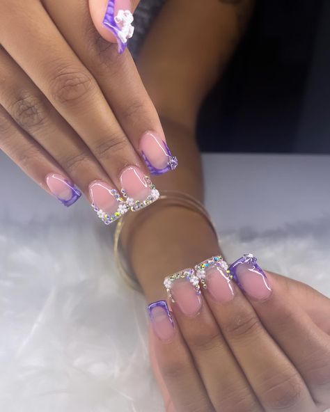 purple blinged out duck nails ✨💜 • • • • • #ducknails #purplenails #promnails #bookwithme #nailswanaya #explorepage✨ #explore #viral #nails #beginnernailtech #dynamicnailsupply #supportme Toes Nails Purple, Purple Set Nails, Short Nail Ideas Purple, Purple Nail Looks, Purple Junk Nails, Purple Duck Nails, Purple Gel X Nails, Purple And Blue Nails Designs, Purple Nail Designs Short