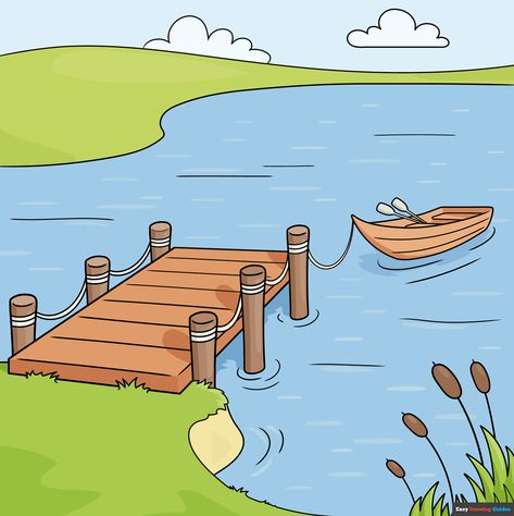 Yard Drawing, Park Drawing, Boat Cartoon, Easy Deck, Lake Dock, Boat Drawing, Flower Drawing Tutorials, Baby Painting, Cat Air