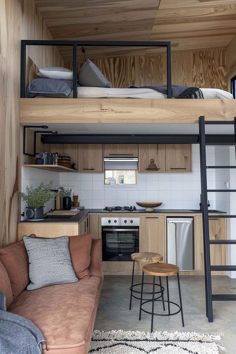 Tiny House Mezzanine, Mezanine Interior, Tiny Home With Loft, Diy Interior Ideas, Creative Upcycling, Eco Construction, Tiny Loft, Loft Bed Plans, Mini Apartments