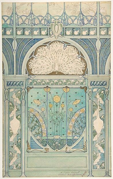 Émile Hurtré (French, active ca. 1890–1900). Design for a Wall Decoration with… Hotel Emile Paris, Art Deco Peacock, Motifs Art Nouveau, Illustration Art Nouveau, Design Art Nouveau, 카드 디자인, Art Nouveau Design, Art Antique, Vintage Art Prints