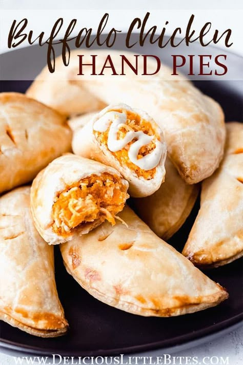 Cheesy Buffalo Chicken Hand Pies are a fun, easy way to enjoy this popular flavor. This savory hand pies recipe can be served as an appetizer, snack, or the main meal. Pampered Chef Hand Pies Recipes, Pampered Chef Hand Pie Maker Recipes, Savoury Hand Pies, Savory Hand Pie, Buffalo Chicken Pie, Savory Hand Pies Recipes, Tailgating Snacks, Easy Hand Pies, Savory Hand Pies