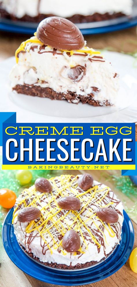 This no-bake Easter dessert idea is the most decadent! Not only is this cheesecake recipe drizzled with chocolate, but it is also full of Cadbury Creme Eggs in every bite. Everyone will love this Easter sweet treat! Belvita Breakfast Biscuits, Easter Cheesecake, Creme Eggs, Cadbury Eggs, Cadbury Creme Egg, Easter Desserts, Creme Egg, Milk Chocolate Chips, Easter Dessert