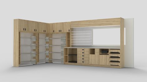 Medication zone: Ergonomic and efficient storage cabinets for laboratory inventory. Ent Clinic, Pharmacy Decor, Pharmacy Design, Efficient Storage, Clinic Design, Cabinet Organization, Work Environment, Maximize Space, Storage Cabinets