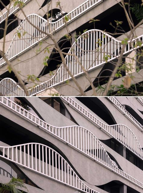 A unique building facade that's designed to look like melting concrete, with complimentary balcony railings. Curved Balcony Ideas, Railing Design Outdoor, Railing Design Balcony, Balcony Railing Design, Railings Outdoor, Balcony Railing, Interior Design Mood Board, Unique Buildings, Balcony Design