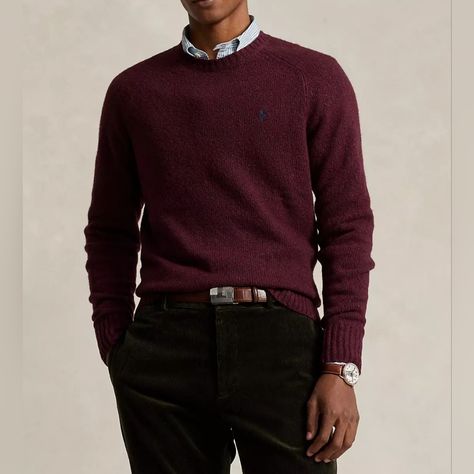 Polo Ralph Lauren Men Wool-Blend Saddle-Sleeve Sweater Msrp $148 Regular Crewneck. Long Saddle Sleeves With Rib-Knit Cuffs. Rib-Knit Hem. Signature Embroidered Pony At The Left Chest. Shoulder To Hem 29.5" Shoulder 19.5" Pit To Pit 25" Sleeve 30" Size : Xxl Color : Red Burgundy #Lot7 Burgundy Outfit Men Casual, Burgundy Outfits Men, Manger Outfits, Red Masculine Aesthetic, Burgundy Sweater Outfit Men, Jewel Tone Outfits Men, Maroon Jacket Outfit Men, Maroon Sweater Outfit Men, Light Academia Mens Fashion