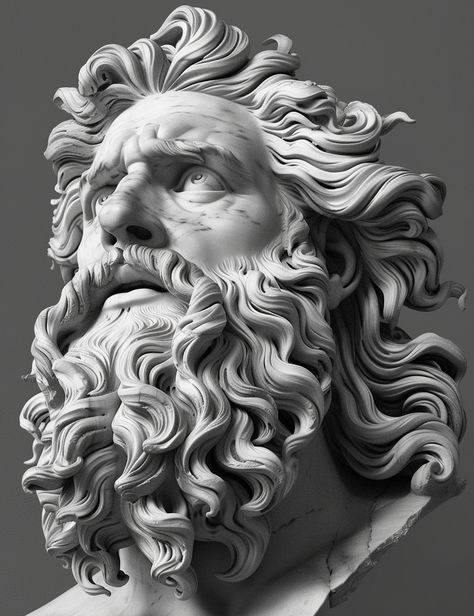 Bernini's Sculpture of Zeus in Black and White Classical Sculpture Aesthetic, Zeus Sculpture, Bernini Sculpture, Angel Sculpture Art, Poseidon Statue, Messy Bun Hairstyle, Zeus Statue, Greek Mythology Statue, Inspirational Digital Art