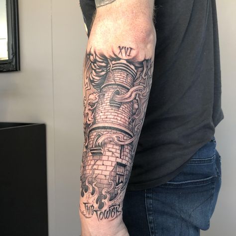 Castle Tower Tattoo, The Tower Tattoo, The Tower Tarot Tattoo, Tower Tarot Tattoo, Tower Tattoo, Apocalypse Tattoo, Chess Tattoo, The Tower Tarot, Tarot Tattoo