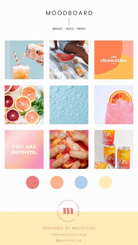 Bright - Bold - Fresh | Visual inspiration and colour palette for a fruit iced tea brand and logo design Color Palette Food Packaging Design, Brand Color Board, Juice Logo Design Ideas Creative, Brand Look And Feel, Brighten Made, Bright Bold Branding, Bold Logo Design Inspiration, Health Color Palette, Monochromatic Branding