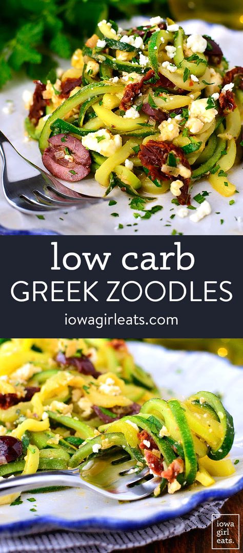 Greek Zoodles cook in just 10 minutes and are full of fresh, clean flavors. Pair this low carb dish with chicken or shrimp healthy dinner. iowagirleats.com keywords: spiralizer recipes, spiralized vegetables, spiralizer recipes healthy, low carb recipe, low carb meals, low carb dinners Spiral Veggie Recipes, Spiraled Zucchini Recipes, Vegetable Spiralizer Recipes, Spiralized Veggie Recipes, Spiralizer Recipes Healthy, Spiral Veggies, Spiral Recipes, Spiralized Zucchini Recipes, Spiral Vegetable Recipes