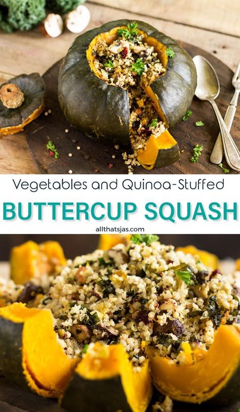 Looking for a festive dish that is easy to make? Leave your guests speechless with this wow-worthy stuffed buttercup squash recipe. It's stuffed with quinoa, mushrooms, kale, and cranberries is an impressive and delicious side or vegetarian entree for all your festivities.| allthatsjas.com | #buttercup #stuffed #vegetarian #holidays #Thanksgiving #sidedish #Christmas #vegetables #roasted #quinoa #kale #squash #allthatsjas #mushrooms #recipes Stuffed Buttercup Squash Recipe, Buttercup Squash Recipes, Buttercup Squash Recipe, Roasted Quinoa, Thanksgiving Sidedish, Ww Sides, Stuffed Veggies, Vegetarian Entree, Quinoa Stuffing