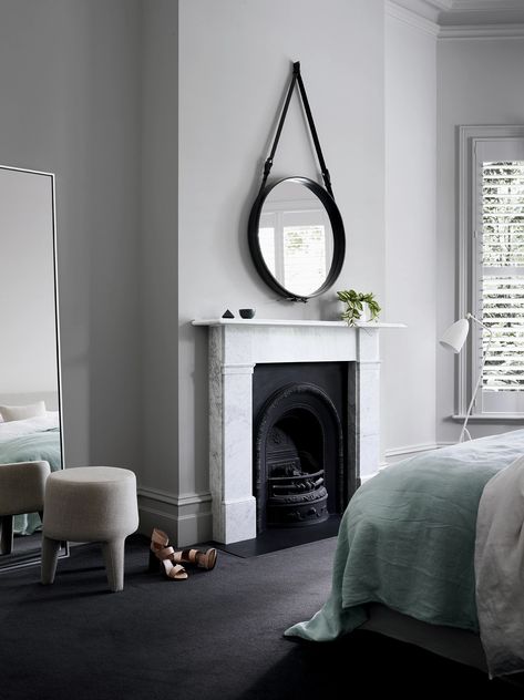 Popular Interior Trends | Dulux Winter Fog Dulux Paint, Dulux Winter Fog, Dulux Timeless Grey, Dulux Winter Terrace, 1900s Cottage, 1800 House, Dulux Timeless, Dulux Grey, Bedroom With Fireplace