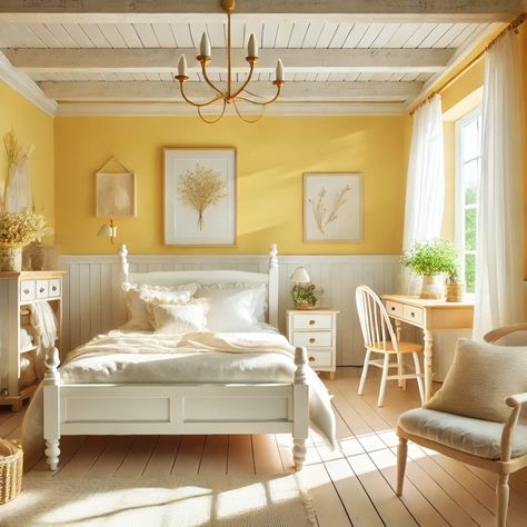 Creamy Yellow Farmhouse Bedroom Color Idea Farmhouse Bedroom Wall Color, Yellow Farmhouse Bedroom, Yellow Painted Rooms, Bedroom Wall Color Ideas, Best Warm White Paint Colors, Light Yellow Bedrooms, Warm White Paint Colors, Farmhouse Bedroom Wall, Bedroom Wall Color