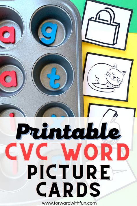 Title: printable CVC word picture cards. picture is a muffin pan with letters in it alongside pictures of CVC words as cards. Cvc Picture Cards Free, Word Games For Kindergarten, Cvc Picture Cards, Cvc Word List, Teaching Cvc Words, Cvc Word Games, Cvc Word Work, Word Skills, Cvc Word Activities