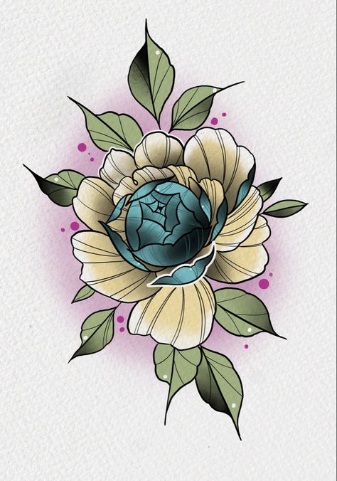 Neo Trad Peony, Neo Traditional Peony, Neo Traditional Tattoos Flower, Japanese Peony Tattoo, Tattoo Mujer, Tattoo Stencil Designs, Flower Tat, Traditional Tattoo Flowers, Gem Tattoo