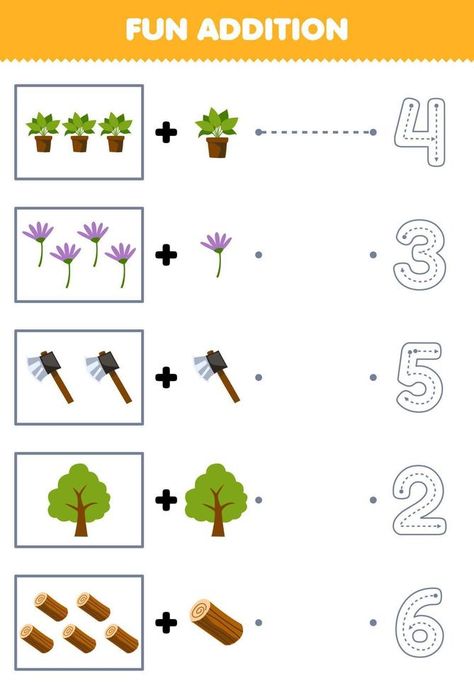 Education game for children fun addition of cartoon plant flower ax tree wood log then choose the correct number by tracing the line farm worksheet Fun Addition Activities, Farm Worksheet, Math Worksheets For Grade 1, Worksheets For Grade 1, Addition Activities, English Phonics, Game For Children, Group 4, Beautiful Butterflies Art