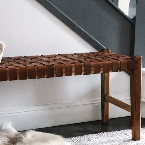 High Quality Woven Wood and Brown Leather Bench Braided - Etsy Brown Leather Bench, Stylish Coffee Table, Colour Texture, Raw Leather, Leather Bench, Woven Wood, Wood Shades, Bench Seat, Extra Seating