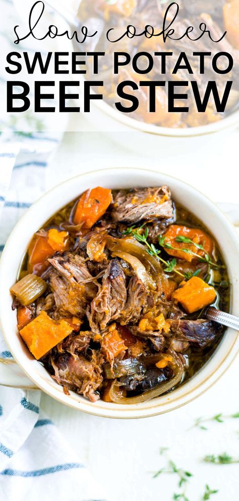 This slow cooker sweet potato beef stew is made with sweet potatoes and chuck roast. It's an easy, comfort food that's healthy too! Throw everything in the crock pot so the veggies soften and the meat falls apart. Beef Roast Crockpot Recipes Sweet Potato, Pot Roast Sweet Potatoes Slow Cooker, Pot Roast And Sweet Potatoes, Chuck Roast Crock Pot Recipes With Sweet Potatoes, Pot Roast Sweet Potatoes, Chuck Roast Sweet Potatoes Crock Pot, Sweet Potato Beef Stew Crockpot, Chuck Roast Recipes Paleo, Sweet Potato Meat