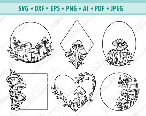 Mushroom Wreath Tattoo, Mushroom Cricut Projects, Line Work Flash Sheets, Mushroom Wreath Drawing, Mushroom Person Tattoo, Cricut Mushroom, Mushroom Stencil, Mushroom Border, Mushroom Line Art