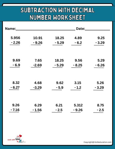 Subtraction With Decimal Number Printable Worksheets | FREE Download Adding Decimals Worksheet, Worksheet For 2nd Grade, Subtracting Decimals Worksheet, Adding Decimals, Number Worksheet, Subtracting Decimals, Free Printable Numbers, Decimals Worksheets, Decimal Number