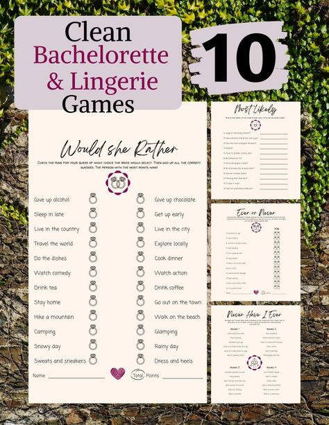 Bachelorette Party Games Oh Happy Printables, Clean Bachelorette Party Ideas, Clean Bachelorette Party Games, Bachelorette Party Games Clean, Lingerie Party Ideas, Lingerie Party Games, Classy Bachelorette Party Games, Funny Bachelorette Games, Clean Bachelorette Party