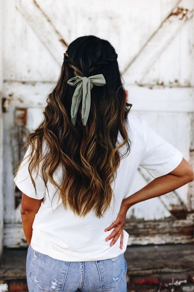 Long Bow Scrunchie | ANDI Homecoming Outfit, Bow Scrunchie, Long Bow, Bow Hairstyle, Mom Hairstyles, Everyday Hairstyles, Long Curly Hair, Hair Art, Curled Hairstyles