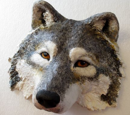 A complete paper mache wolf mask. Go back to find four helpful videos of the process Mask Video, Paper Mache Projects, Paper Mache Mask, Paper Mache Animals, Wolf Mask, Paper Mache Clay, Folding Origami, Paper Mache Sculpture, Paper Mache Art