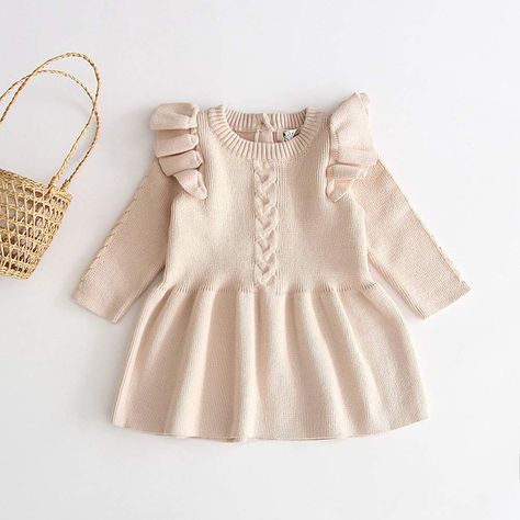 Toddler Baby Girl Knit Sweater Dress Cute Kids Solid Ruffle Long Sleeve Dresses Top Fall Winter Warm Outfits Clothes Baby Spring Dress, Girls Knitted Dress, Warm Dress, Kids Winter Outfits, Baby Girl Clothes Winter, Fall Sweater Dress, Girls Sweater Dress, Dress Infant, Winter Outfits For Girls