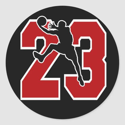 NUMBER 23 WITH BASKETBALL PLAYER CLASSIC ROUND STICKER | Zazzle.com Chicago Bulls Art, Basketball Stickers, Sports Brand Logos, Michael Jordan Art, Cleaning Service Logo, Basketball Clipart, Chicago Bulls Logo, Disney Family Vacation Shirts, Kobe Bryant Pictures