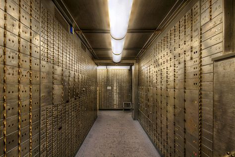 To create a story about the bar, I had the idea of referencing to the typical cabinetry u see in bank vaults which may be an interesting feature wall in the bar. This picture is of Safe Deposit Boxes in the Basement of the Historic US National Bank Vault - HDR | Flickr - Photo Sharing! Safety Deposit Box Bank, Safety Deposit Box Ideas, Bank Robbery Aesthetic, Bank Vault Aesthetic, Vault Aesthetic, Bank Aesthetic, Bank Heist, Radial Symmetry, Bank Vault