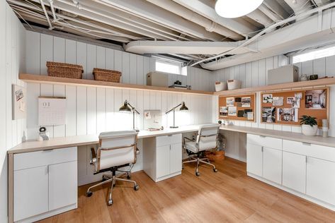 Custom Home Offices and Craft Rooms | Portland Closet Company House Seven Design, Closets By Design, Flat Front Cabinets, Exposed Ceiling, Home Office Layouts, Basement Room, Basement Studio, Basement Office, Office Light