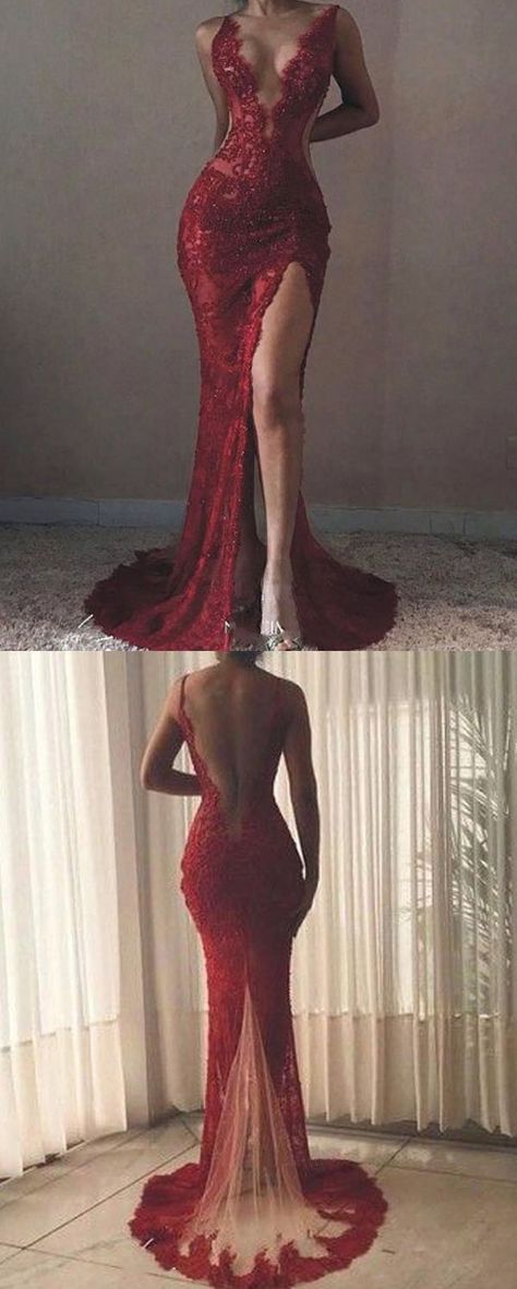 Side Split Prom Dress, Red Lace Prom Dress, Burgundy Prom, Split Prom Dresses, Evening Fashion, Mermaid Prom Dresses Lace, Mode Tips, Evening Party Gowns, Burgundy Prom Dress